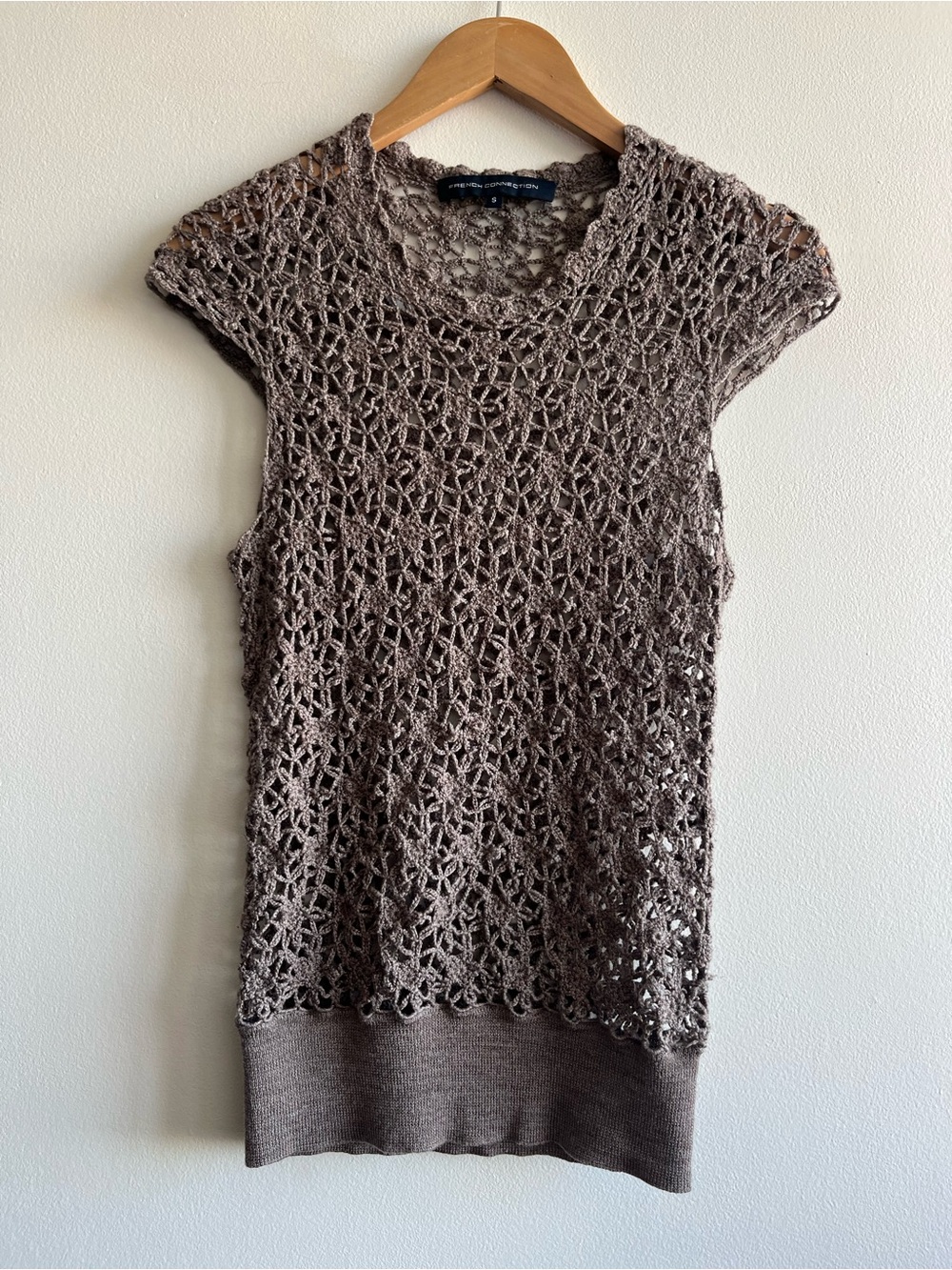 French Connection Crochet Knit Top | Taupe Open Knit Sheer Boho Y2K Size Small
